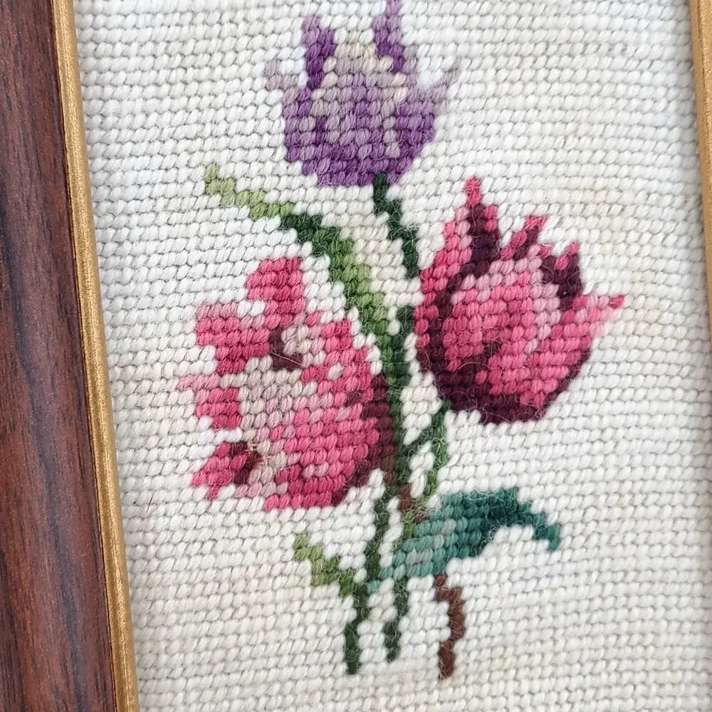 Cottagecore Gallery Wall Accent Piece: Framed Needlepoint Roses Pink Purple VTG